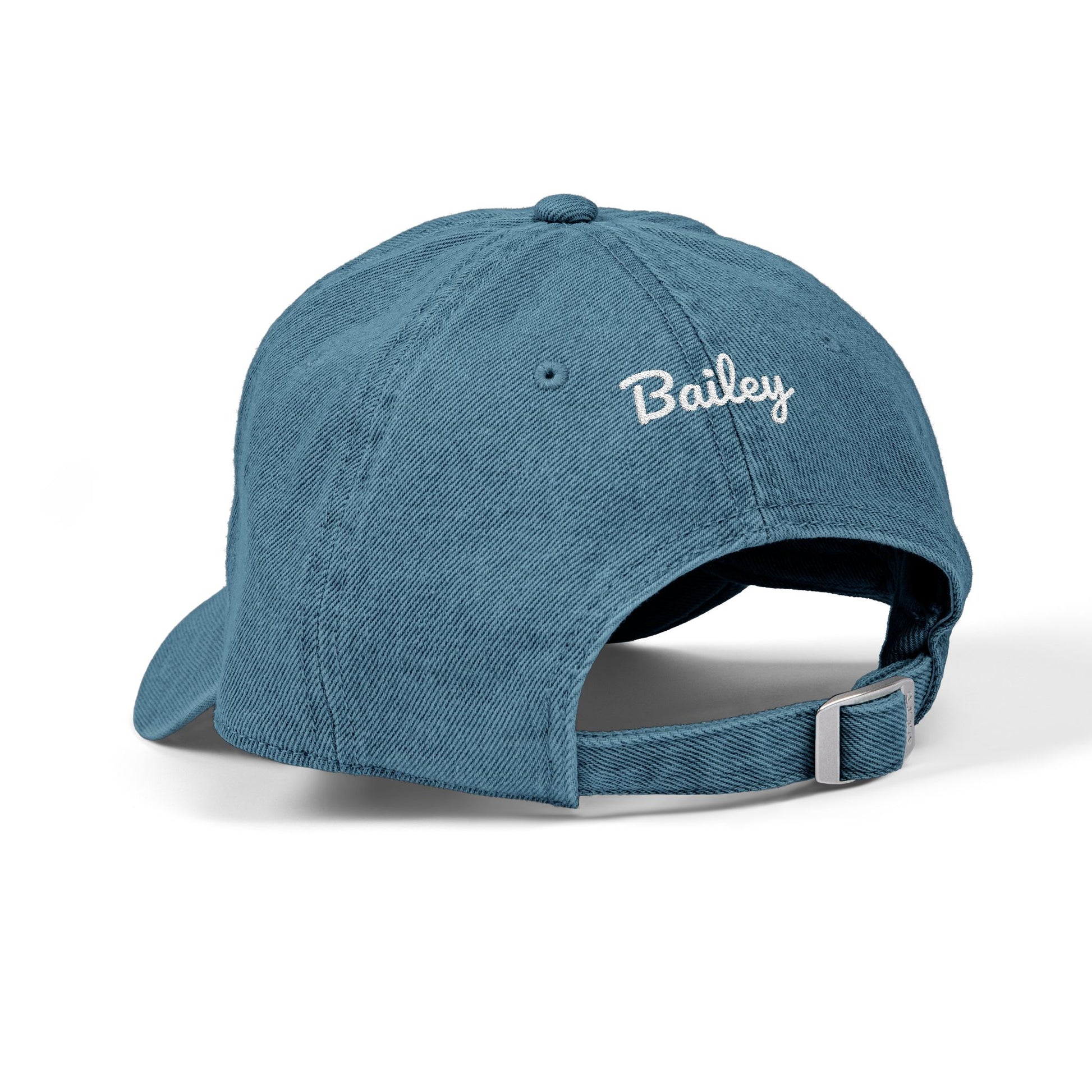 Blue denim hat with personalized pet name Bailey on the back.