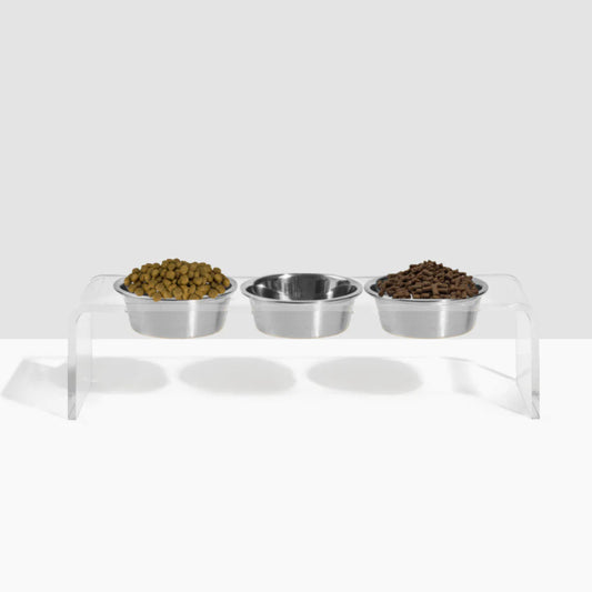 Elevated Dog Feeder for Multiple Dogs – Acrylic Triple Bowl Feeding Station (7” Raised, Stainless Steel Bowls)