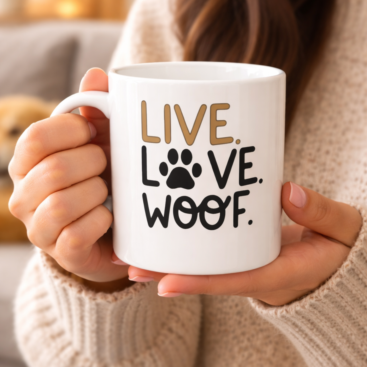 girl drinking from coffee cup that says live love woof