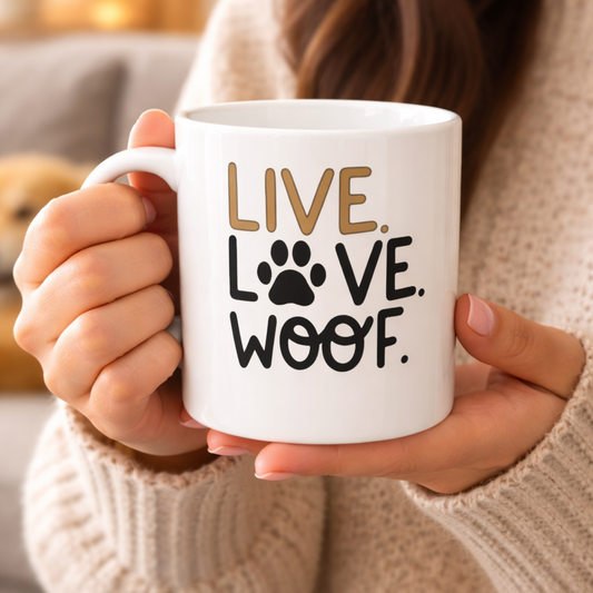 Live Love Woof Dog Mug – Funny Dog Lover Coffee Cup, Cute Gift for Dog Moms & Pet Owners