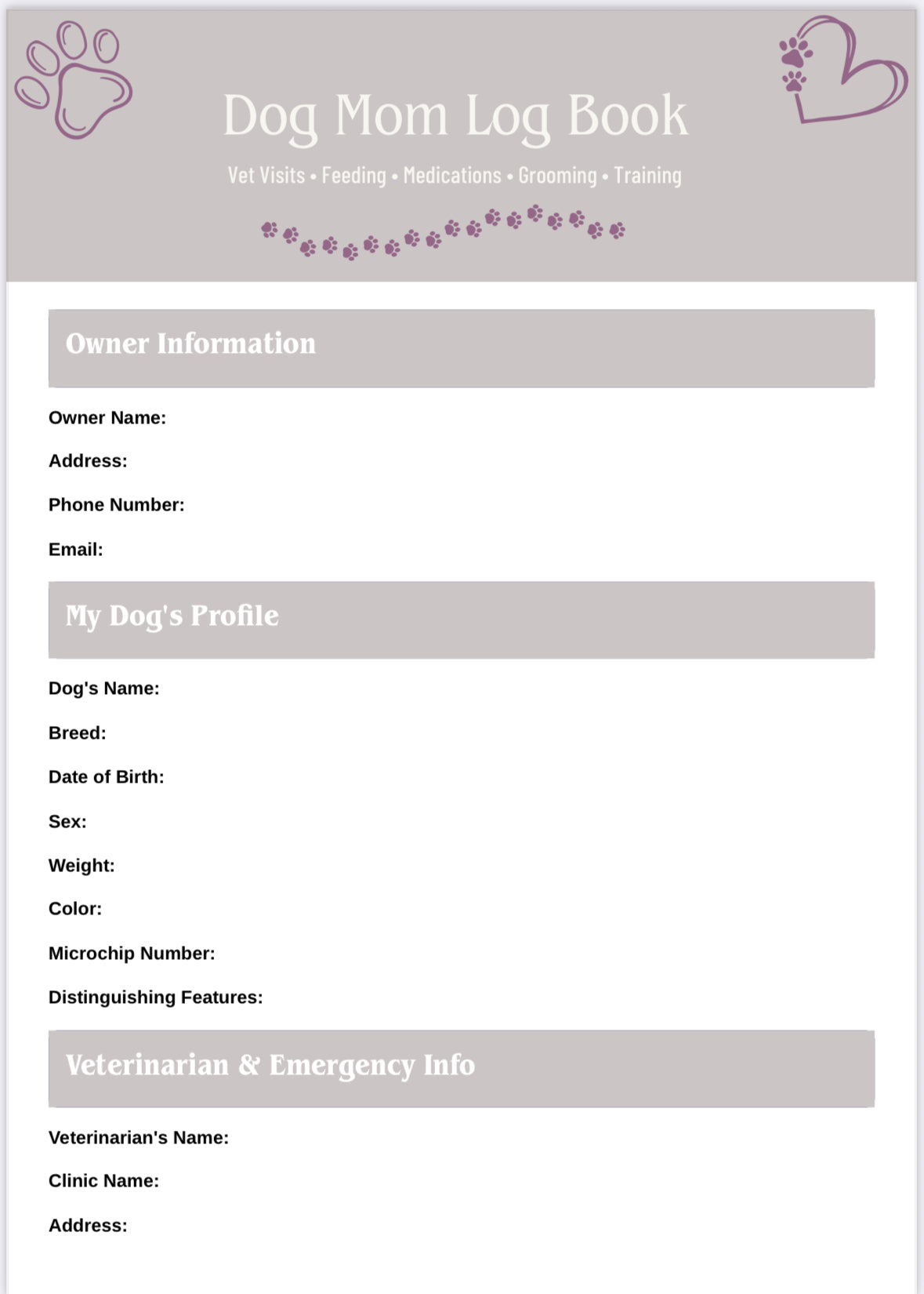 Dog Care Log Book for Dog Moms – Track Feeding, Vet Appointments, Meds & Training