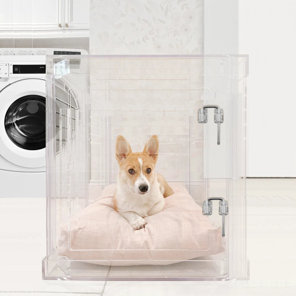 Clear Acrylic Dog Crate & Gate – Modern Lucite Dog Crate Furniture Side Table with Sliver Latch