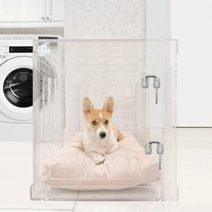 Clear Acrylic Dog Crate & Gate – Modern Lucite Dog Crate Furniture Side Table with Sliver Latch