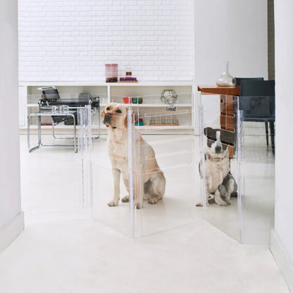 Clear Acrylic Dog Crate & Gate – Modern Lucite Dog Crate Furniture Side Table with Gold Latch