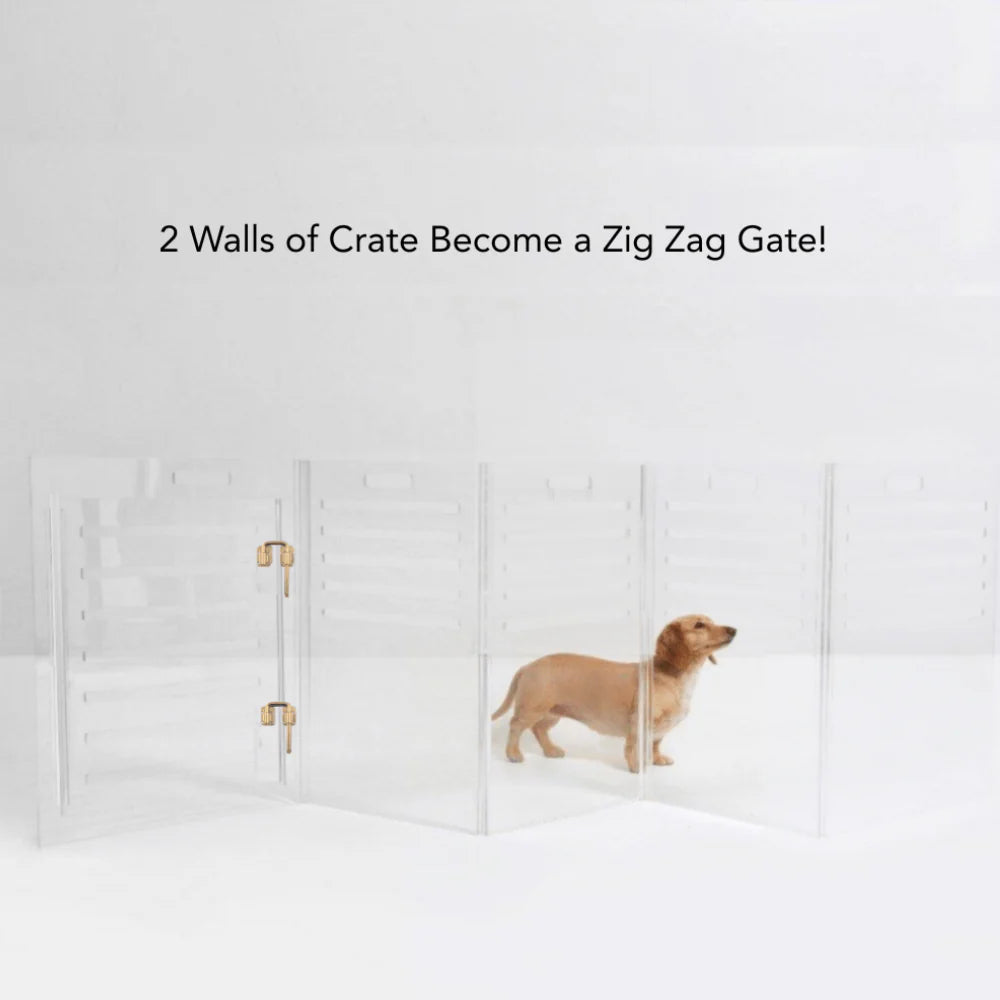 Clear Acrylic Dog Crate & Gate – Modern Lucite Dog Crate Furniture Side Table with Gold Latch