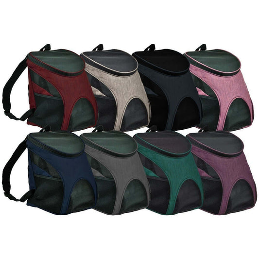 Pet carrier backpack with small dog inside, head sticking out for comfortable and hands-free travel