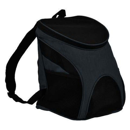 Pet carrier backpack with small dog inside, head sticking out for comfortable and hands-free travel