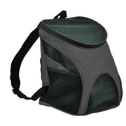 Pet carrier backpack with small dog inside, head sticking out for comfortable and hands-free travel