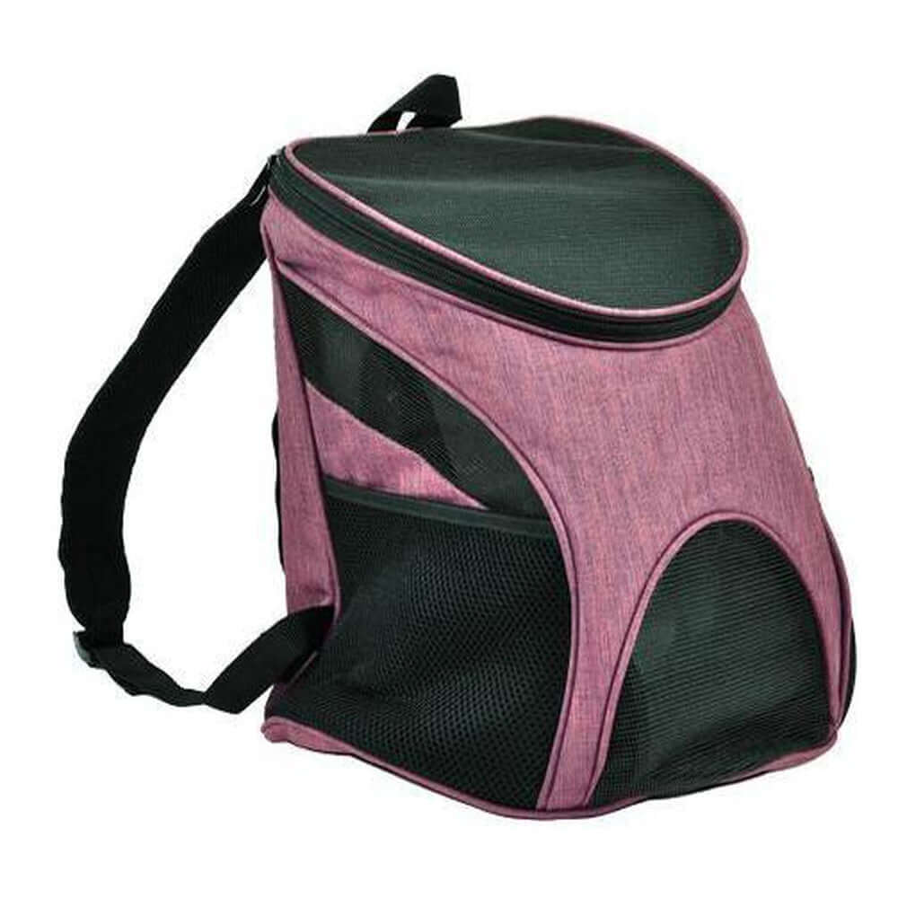 Pet carrier backpack with small dog inside, head sticking out for comfortable and hands-free travel