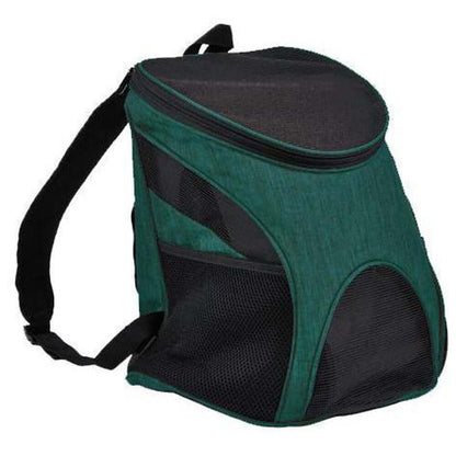 Pet carrier backpack with small dog inside, head sticking out for comfortable and hands-free travel