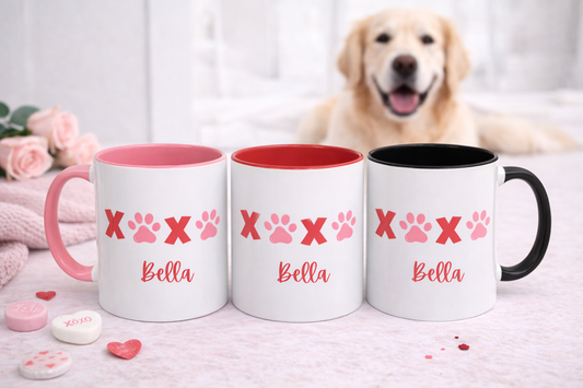 Personalized XOXO Paw Print Coffee Mug – Custom Pet Name Valentine’s Day Accent Mug (11oz & 15oz)