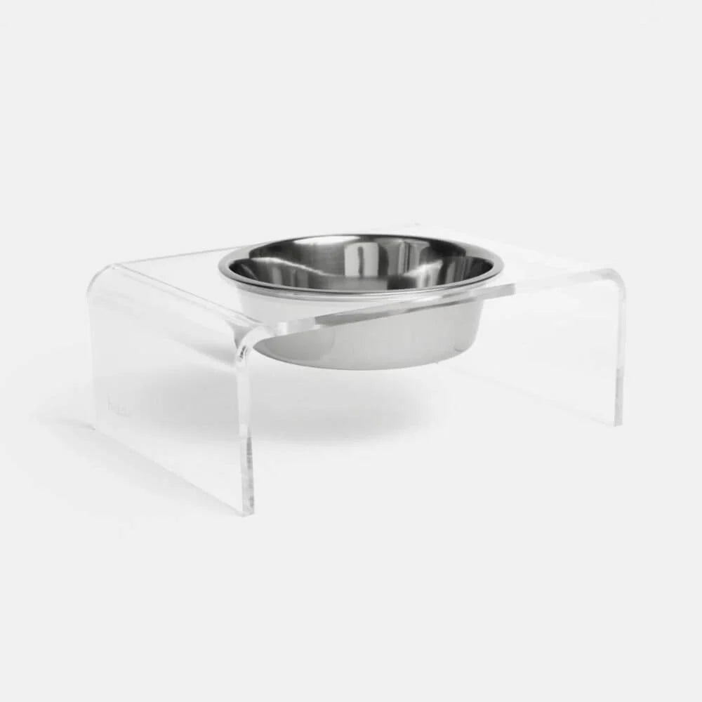 Hiddin Clear Acrylic Elevated Dog Bowl Stand – Modern Raised Pet Feeder with Stainless Steel Bowl (6.5 Cup)