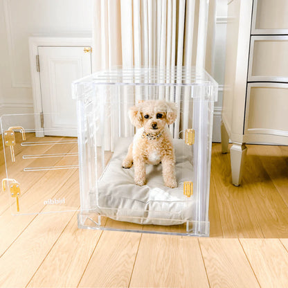 Clear Acrylic Dog Crate & Gate – Modern Lucite Dog Crate Furniture Side Table with Gold Latch