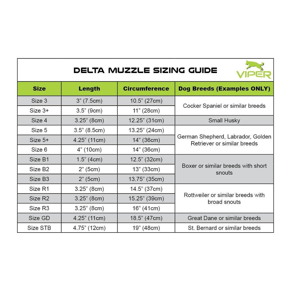 size chart for Viper Delta Metal Wire Basket Dog Muzzle