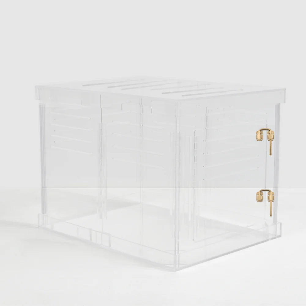 Clear Acrylic Dog Crate & Gate – Modern Lucite Dog Crate Furniture Side Table with Gold Latch