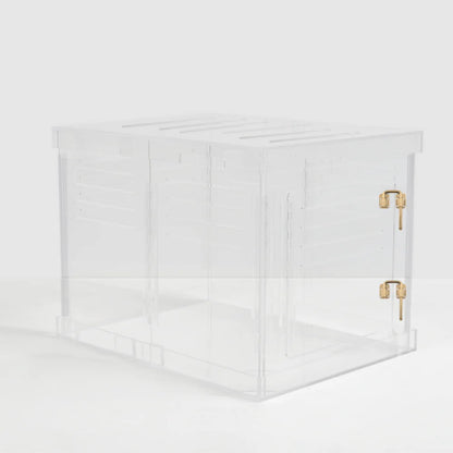 Clear Acrylic Dog Crate & Gate – Modern Lucite Dog Crate Furniture Side Table with Gold Latch