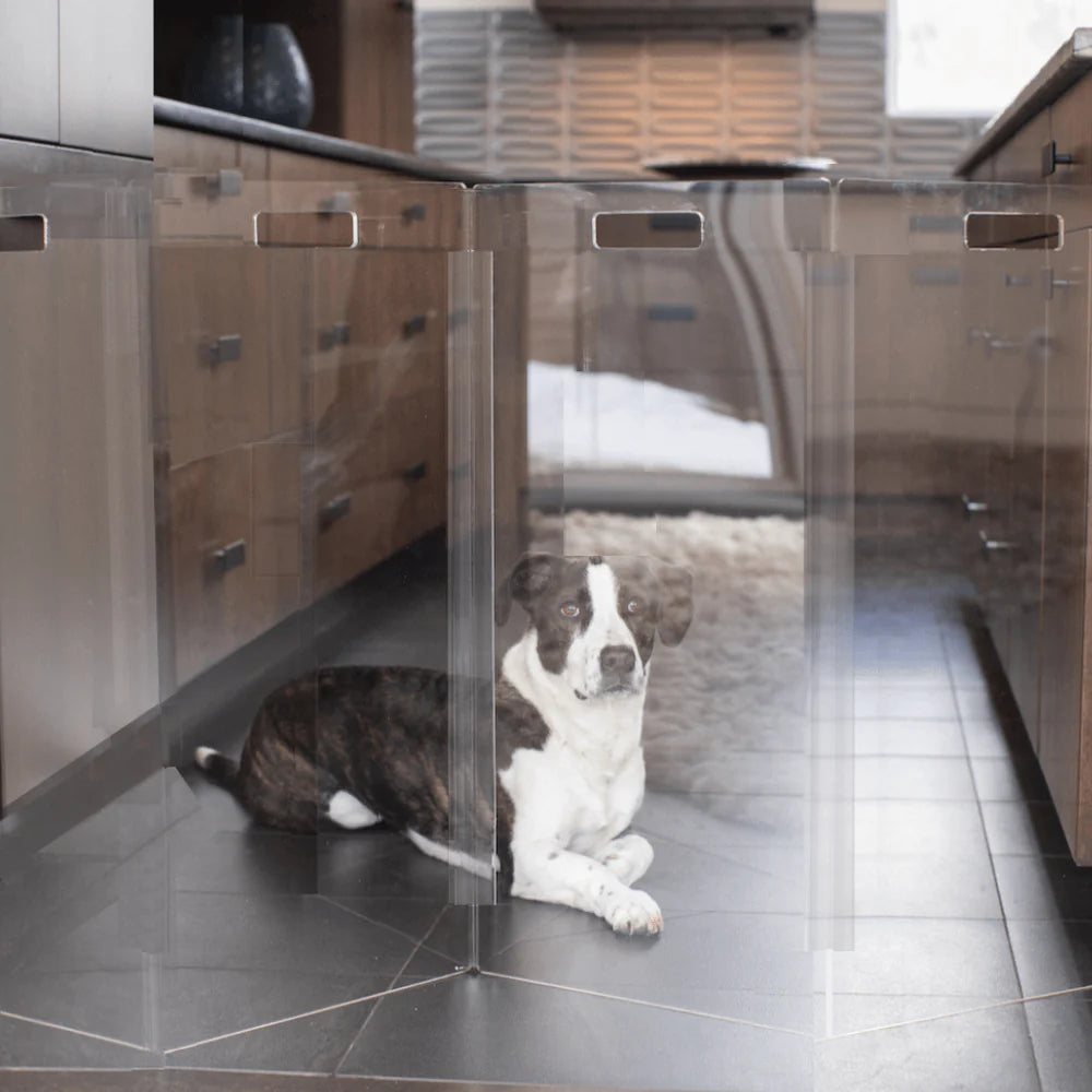 clear acrylic pet gate for dogs freestanding zig zag dog gate wide opening modern transparent indoor dog barrier home décor