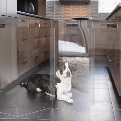 clear acrylic pet gate for dogs freestanding zig zag dog gate wide opening modern transparent indoor dog barrier home décor
