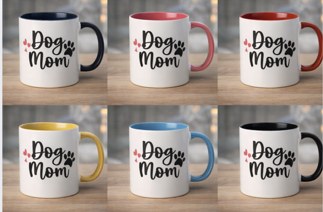 Set of six mugs with 'Dog Mom' text and paw prints on a wooden surface.