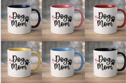 Set of six mugs with 'Dog Mom' text and paw prints on a wooden surface.