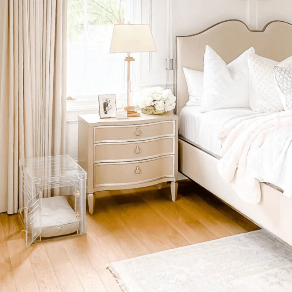 Clear Acrylic Dog Crate & Gate – Modern Lucite Dog Crate Furniture Side Table with Gold Latch