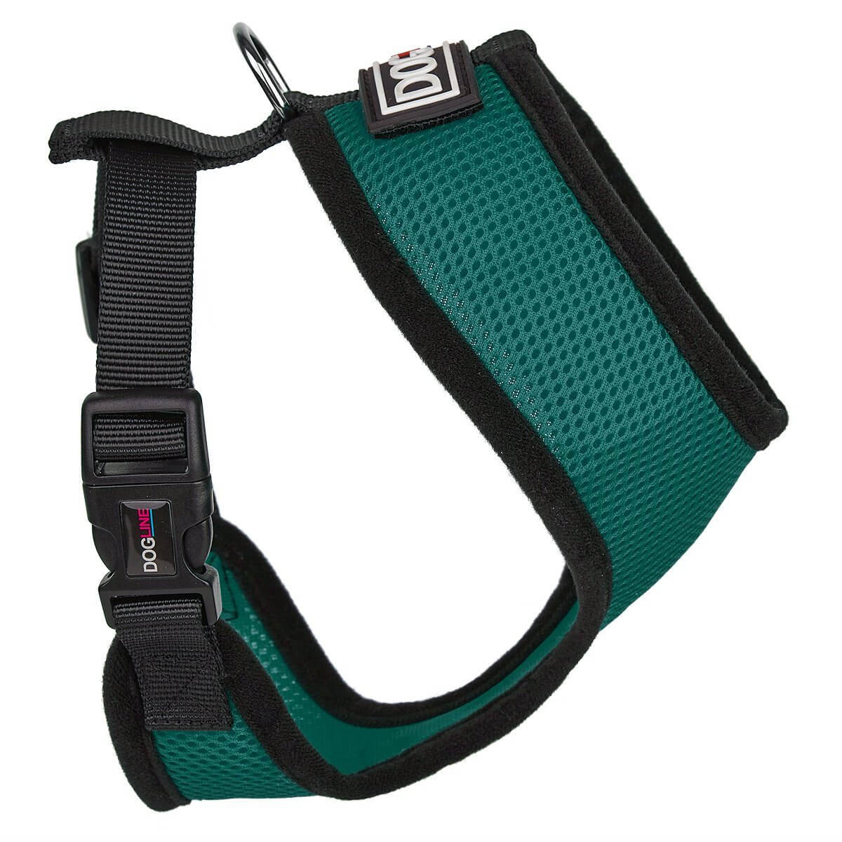 Assorted vibrant mesh dog harnesses with adjustable fit displayed on clean white background