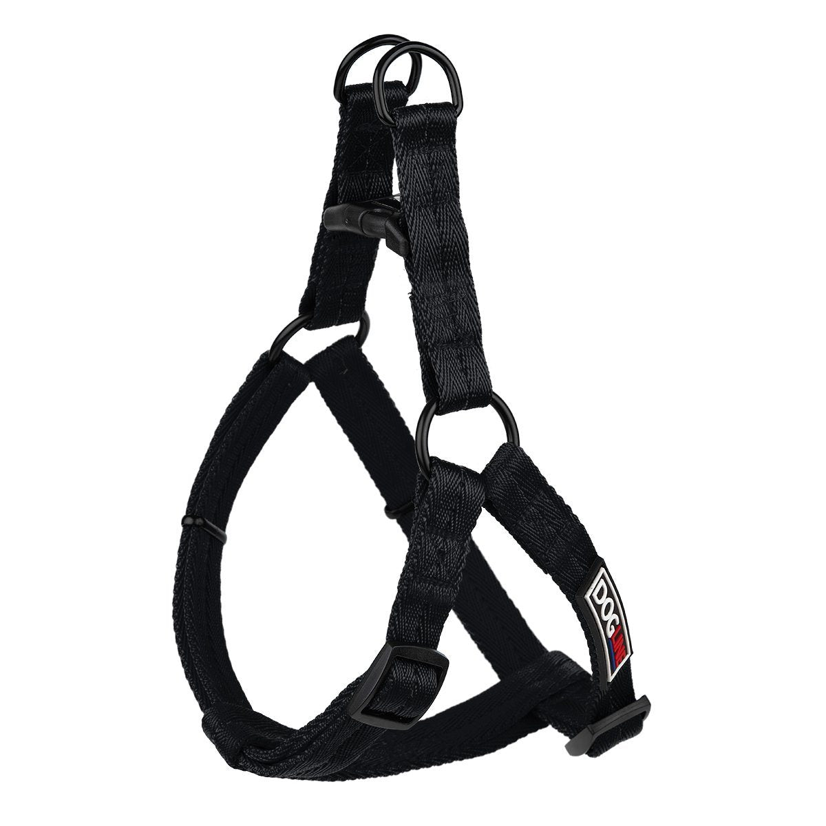 Black nylon dog harness with quick release buckle and metal rings, flat step-in design