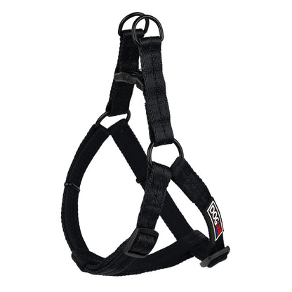 Black nylon dog harness with quick release buckle and metal rings, flat step-in design