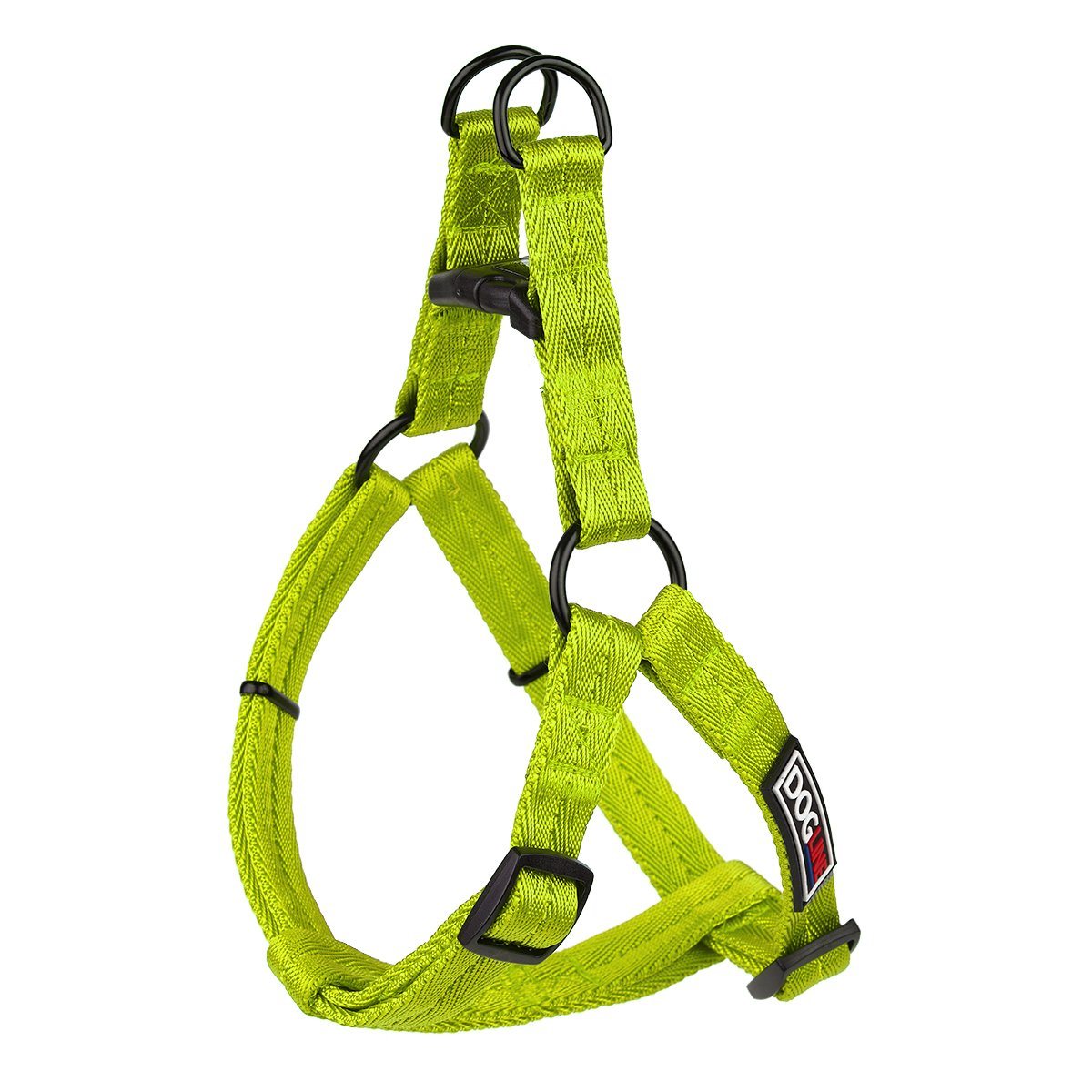 Lime green nylon dog harness with quick release buckle and metal rings, flat step-in design