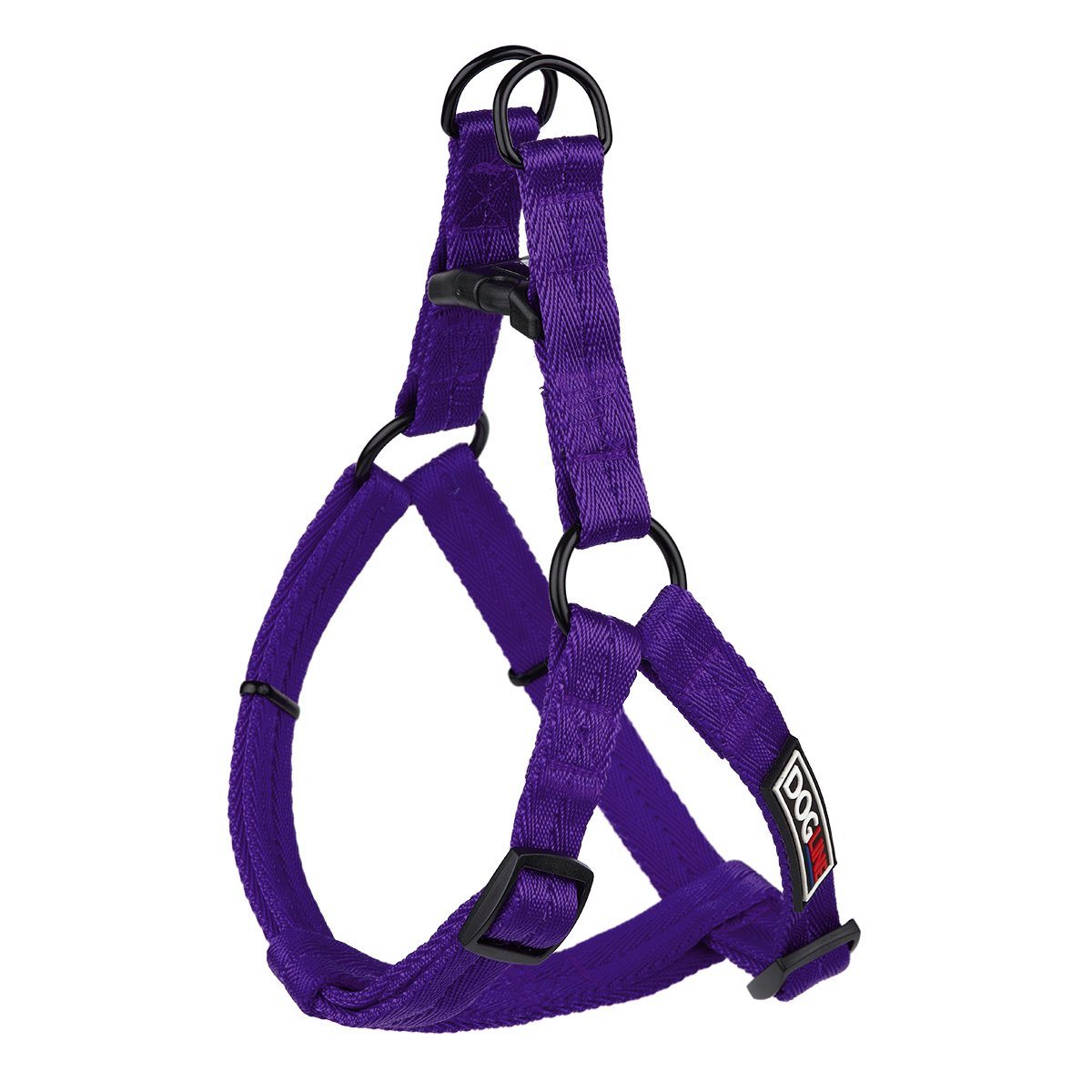 Purple nylon dog harness with quick release buckle and metal rings, flat step-in design