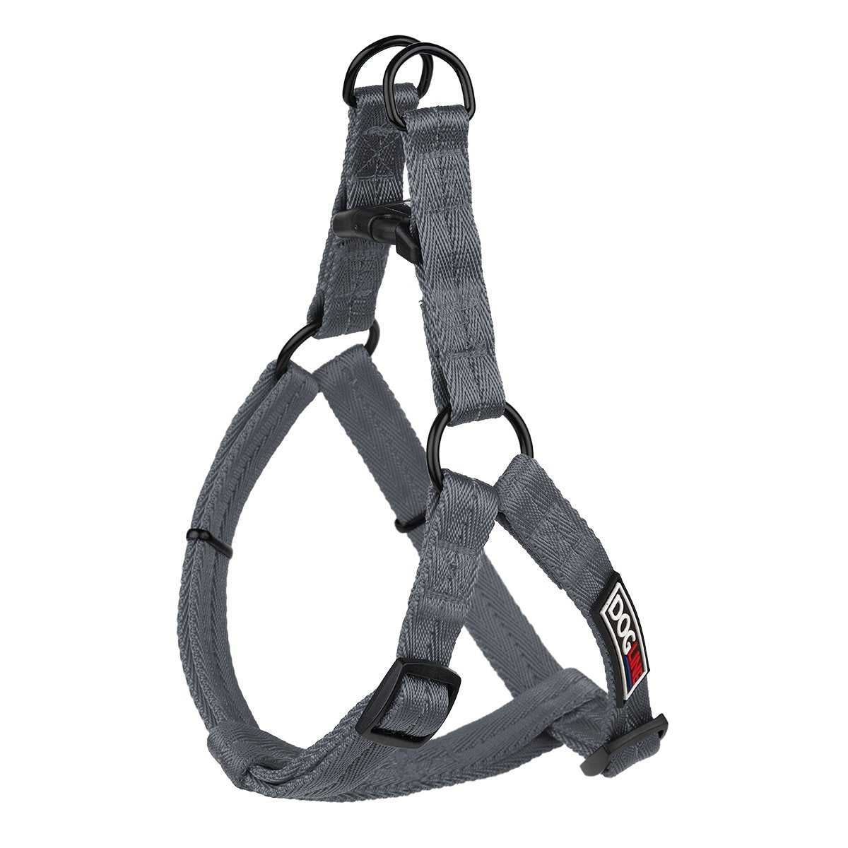 Gray nylon dog harness with quick release buckle and metal rings, flat step-in design