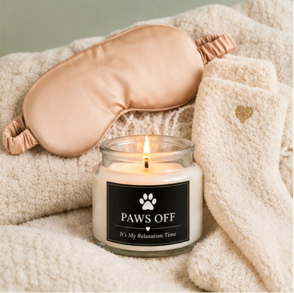 Dog Mom Relaxation Gift Set — 'Paws Off, It's My Relaxation Time' Soy Candle, Champagne Satin Eye Mask & Cozy Socks Gift Box