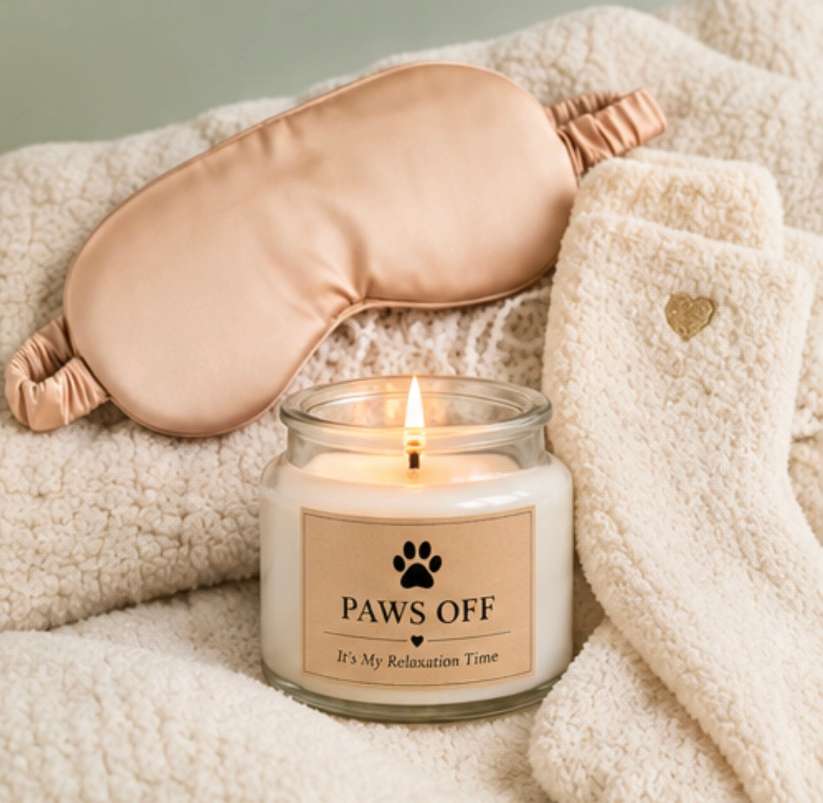 Dog Mom Relaxation Gift Set — 'Paws Off, It's My Relaxation Time' Soy Candle, Champagne Satin Eye Mask & Cozy Socks Gift Box