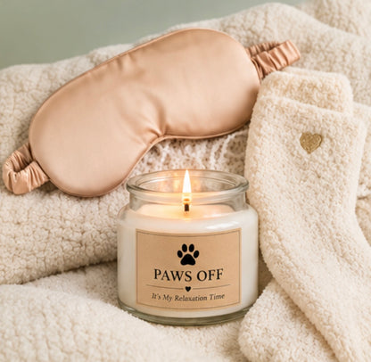 Dog Mom Relaxation Gift Set — 'Paws Off, It's My Relaxation Time' Soy Candle, Champagne Satin Eye Mask & Cozy Socks Gift Box