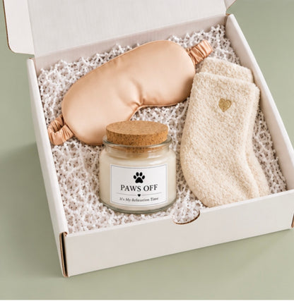 Dog Mom Relaxation Gift Set — 'Paws Off, It's My Relaxation Time' Soy Candle, Champagne Satin Eye Mask & Cozy Socks Gift Box