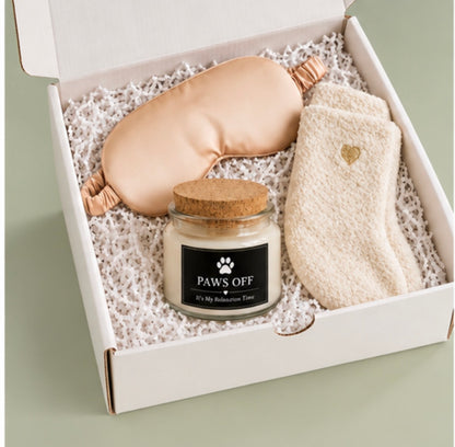 Dog Mom Relaxation Gift Set — 'Paws Off, It's My Relaxation Time' Soy Candle, Champagne Satin Eye Mask & Cozy Socks Gift Box