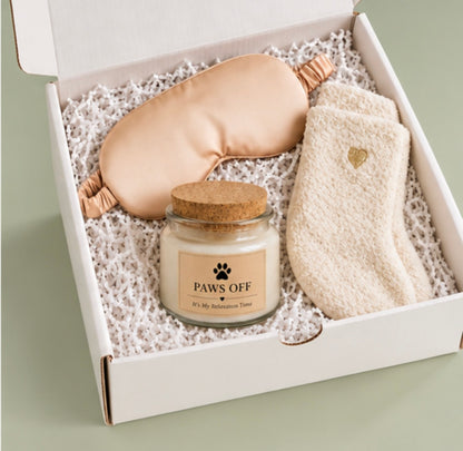 Dog Mom Relaxation Gift Set — 'Paws Off, It's My Relaxation Time' Soy Candle, Champagne Satin Eye Mask & Cozy Socks Gift Box