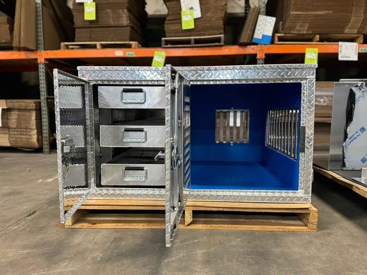 Owens 55127 Professional K9 Series Search & Rescue Dog Crate Single Compartment Side Drawer Storage Diamond Tread Aluminum 47"W x 45"D x 27"H - IMG_5717