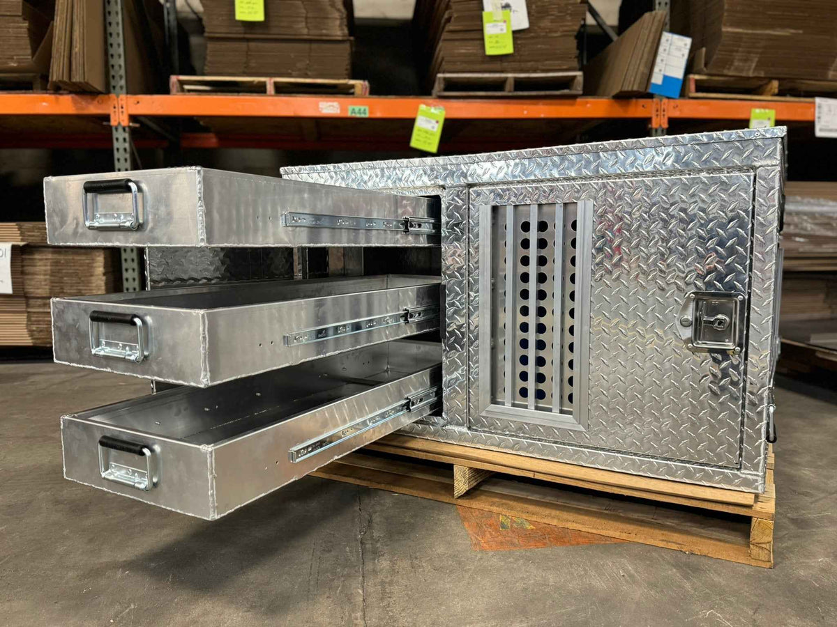 Owens 55127 Professional K9 Series Search & Rescue Dog Crate Single Compartment Side Drawer Storage Diamond Tread Aluminum 47"W x 45"D x 27"H - IMG_5723
