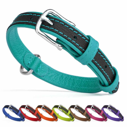 A picture of Soft leather dual-color flat dog collar with durable metal buckle with a white background 