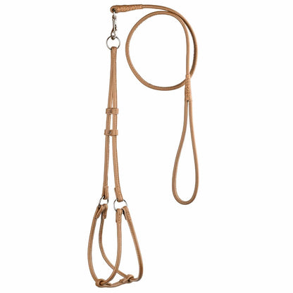 Soft leather round step-in dog harness with matching round leather lead, comfortable and secure walking set for dogs