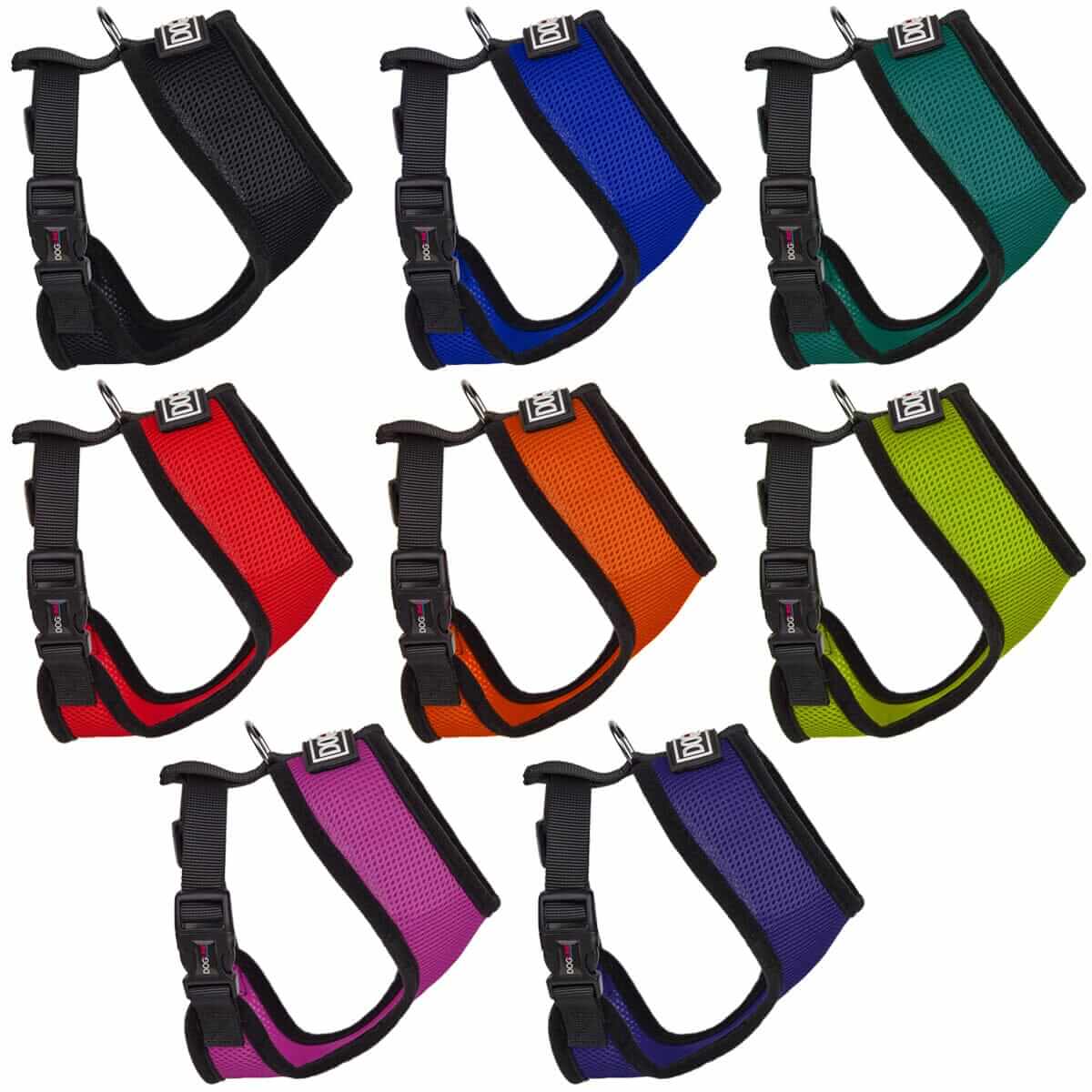 Assorted vibrant mesh dog harnesses with adjustable fit displayed on clean white background