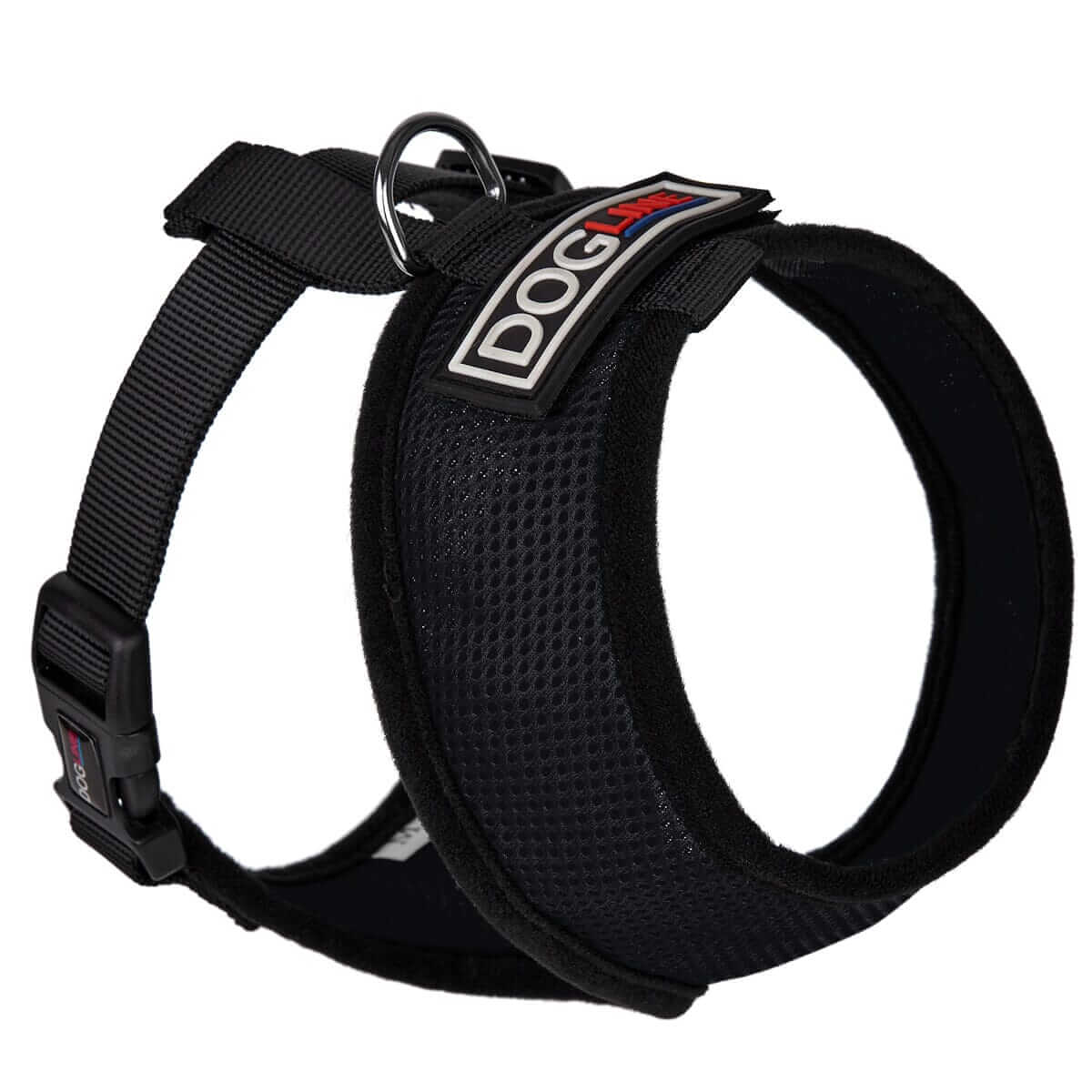 Assorted vibrant mesh dog harnesses with adjustable fit displayed on clean white background