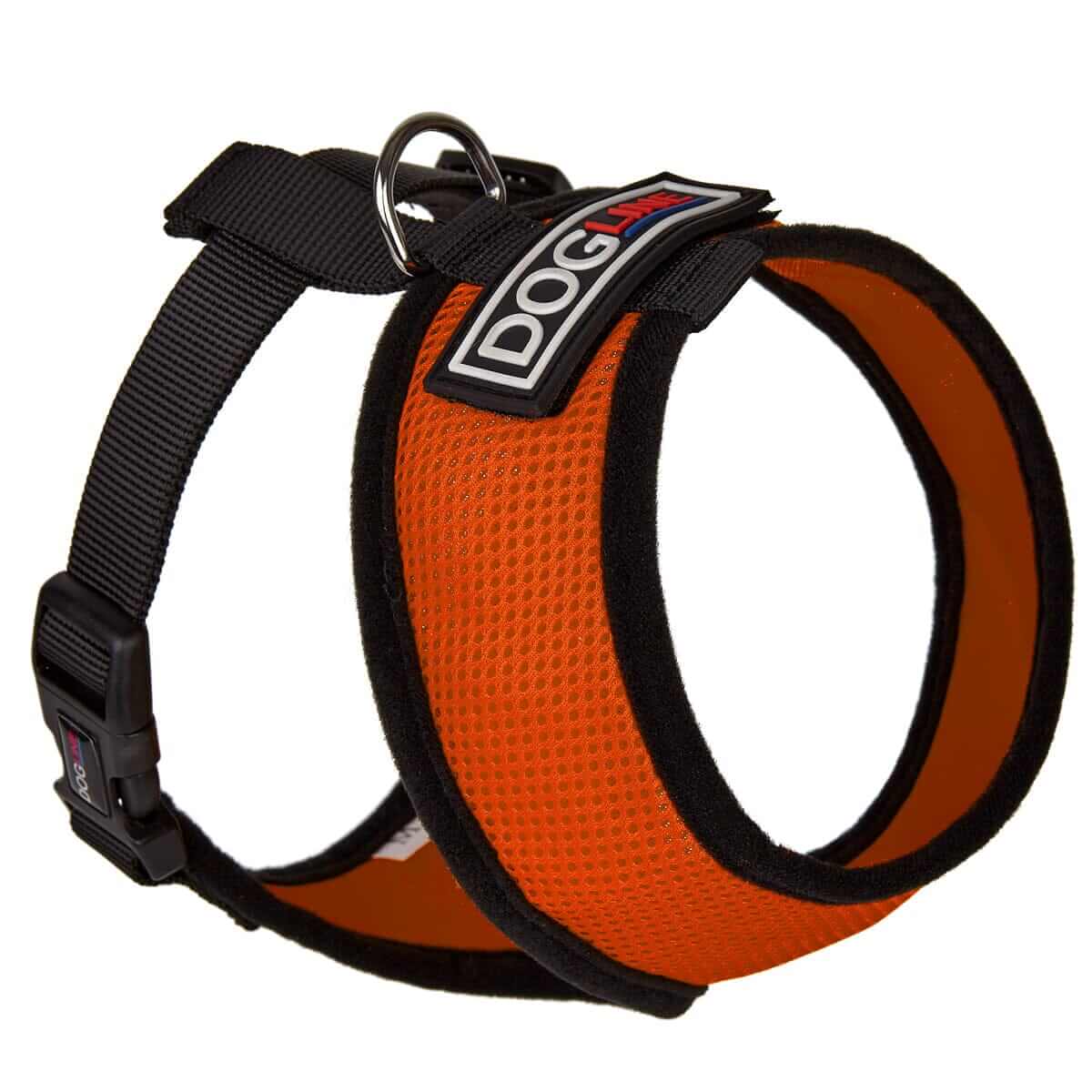 Assorted vibrant mesh dog harnesses with adjustable fit displayed on clean white background