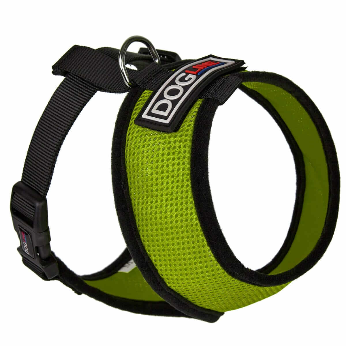 Assorted vibrant mesh dog harnesses with adjustable fit displayed on clean white background