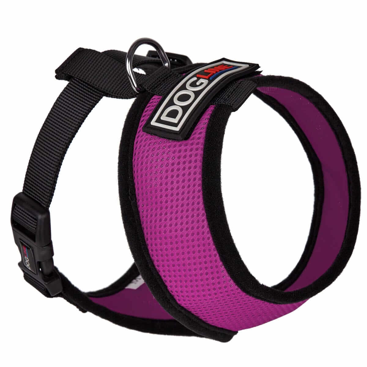 Assorted vibrant mesh dog harnesses with adjustable fit displayed on clean white background