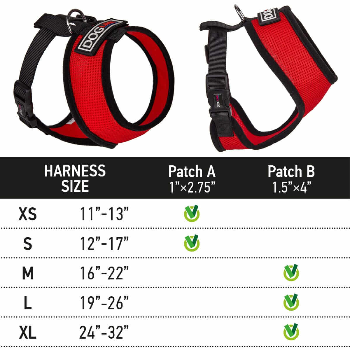 Mesh dog harness shown in red and size guide below it 