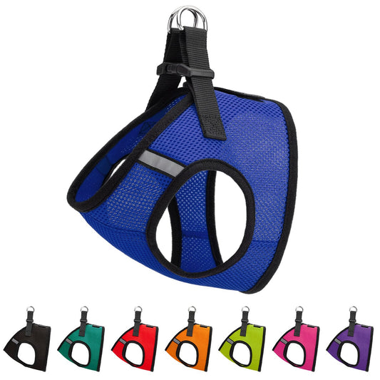 Boston mesh dog harness with built-in hook and loop fastener for secure fit, breathable comfort, and easy wear"