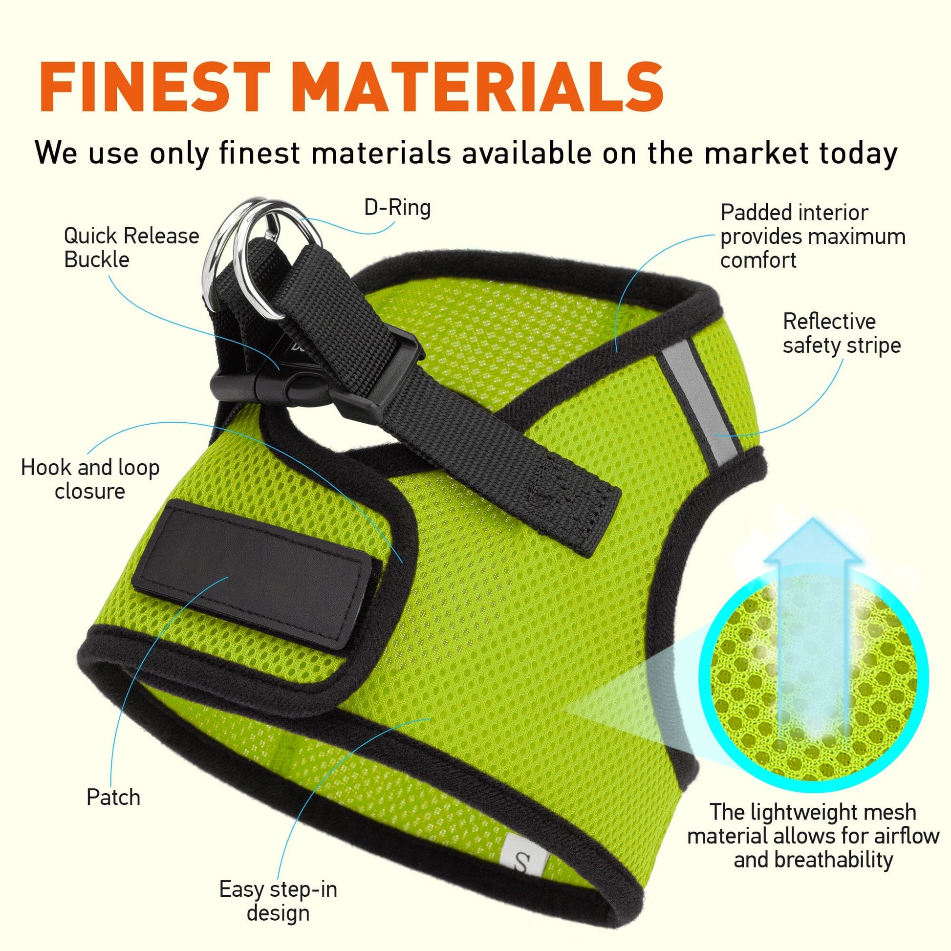 Boston mesh dog harness with built-in hook and loop fastener for secure fit, breathable comfort, and easy wear size chart
