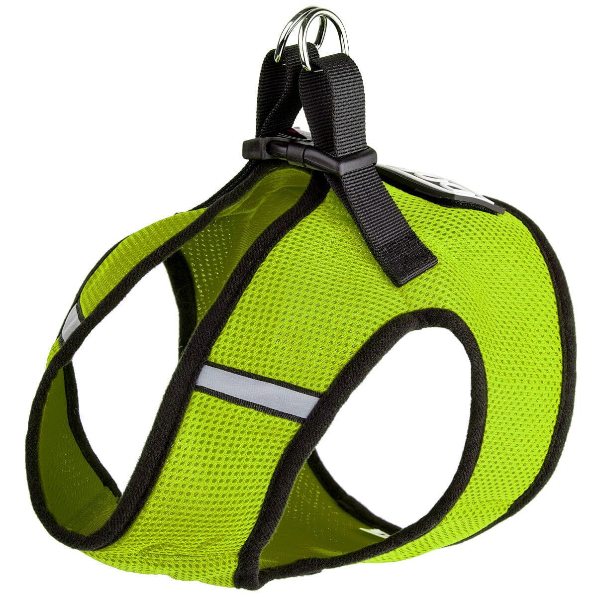 Boston mesh dog harness with built-in hook and loop fastener for secure fit, breathable comfort, and easy wear"